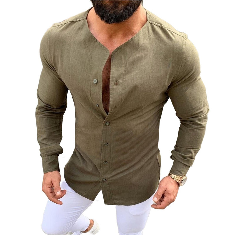 Collarless O-Neck Button-Down Shirt